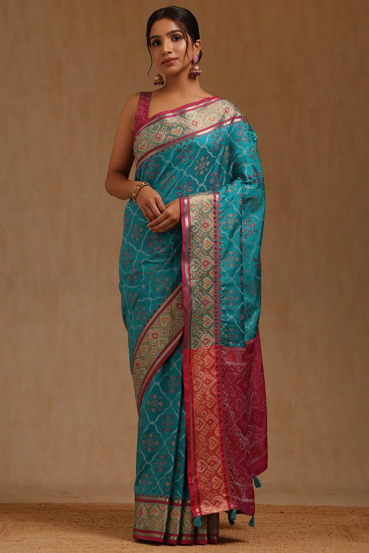 Turquoise Blue Silk Blend Patola Print Saree